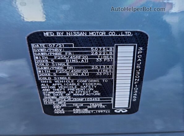 3PCAJ5J30NF103452 2022 INFINITI QX55 Синий Вид наклейки с VIN-кодом