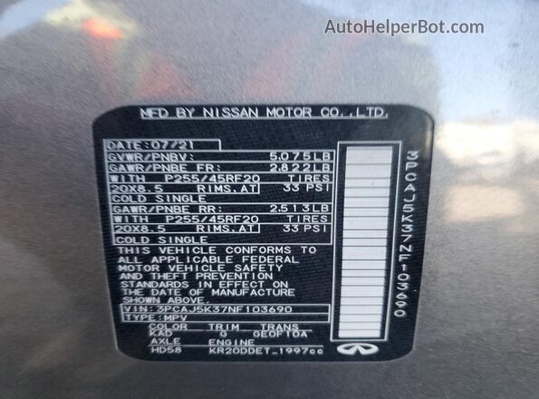3PCAJ5K37NF103690 2022 INFINITI QX55 Серый Вид наклейки с VIN-кодом