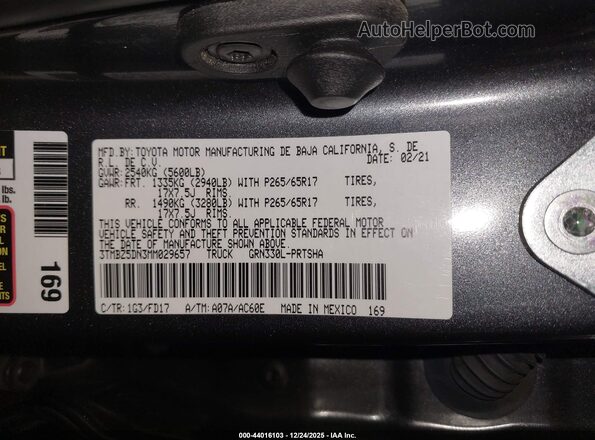 3TMBZ5DN3MM029657 2021 TOYOTA TACOMA Gray Widok komory silnika
