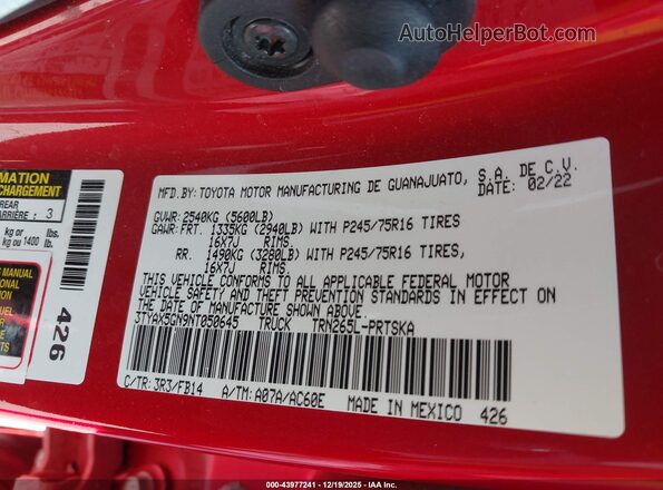 3TYAX5GN9NT050645 2022 TOYOTA TACOMA Red Շարժիչի բաժամունքի տեսք