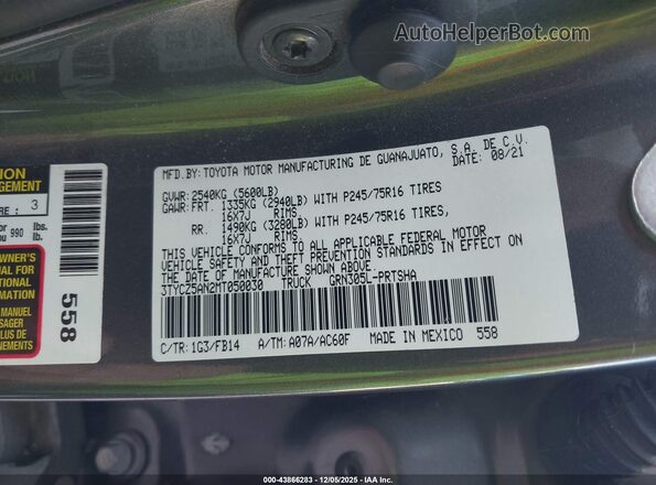 3TYCZ5AN2MT050030 2021 TOYOTA TACOMA Gray Շարժիչի բաժամունքի տեսք