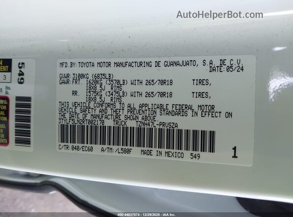 3TYLF5LN2RT002170 2024 TOYOTA TACOMA HYBRID White Շարժիչի բաժամունքի տեսք