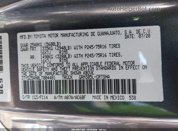 3TYSZ5AN0LT004481 2020 TOYOTA TACOMA Gray Engine compartment view