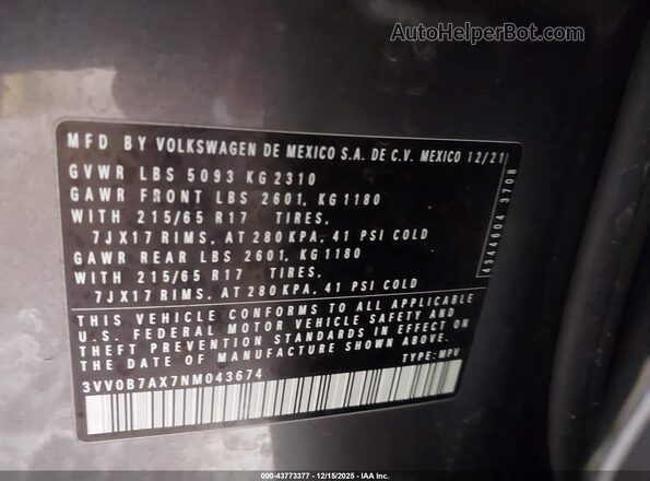 3VV0B7AX7NM043674 2022 VOLKSWAGEN TIGUAN Серый Вид подкапотного пространства