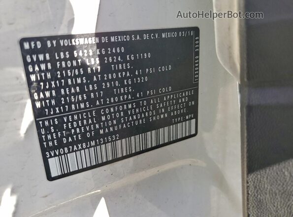 3VV0B7AX8JM131532 2018 VOLKSWAGEN TIGUAN Белый Вид наклейки с VIN-кодом