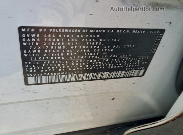 3VV1B7AX0MM022765 2021 VOLKSWAGEN TIGUAN White Вид наклейки з VIN-кодом