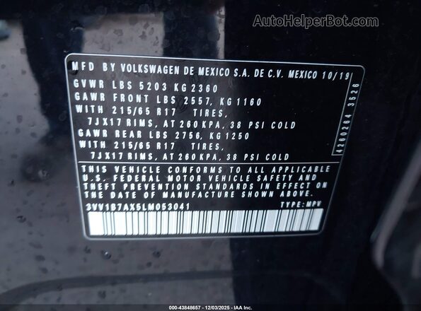 3VV1B7AX5LM053041 2020 VOLKSWAGEN TIGUAN Black Widok komory silnika
