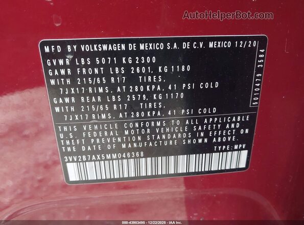 3VV2B7AX5MM046368 2021 VOLKSWAGEN TIGUAN Красный Вид подкапотного пространства