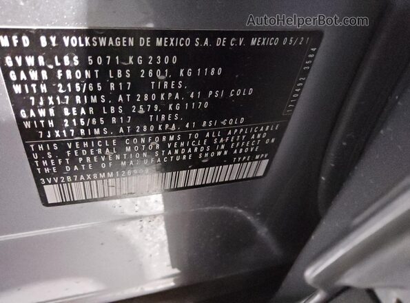 3VV2B7AX8MM126909 2021 VOLKSWAGEN TIGUAN Серебряный Вид наклейки с VIN-кодом