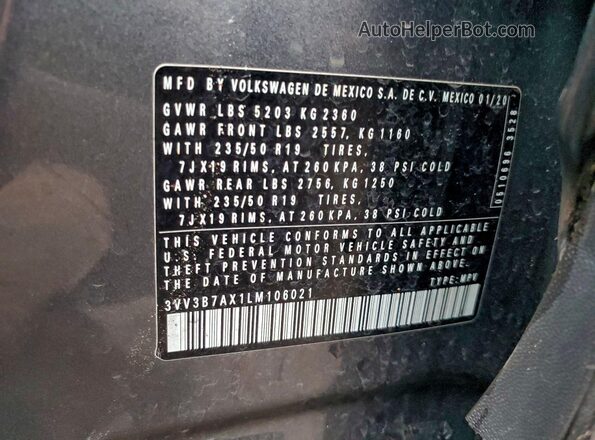 3VV3B7AX1LM106021 2020 VOLKSWAGEN TIGUAN Gray Widok komory silnika