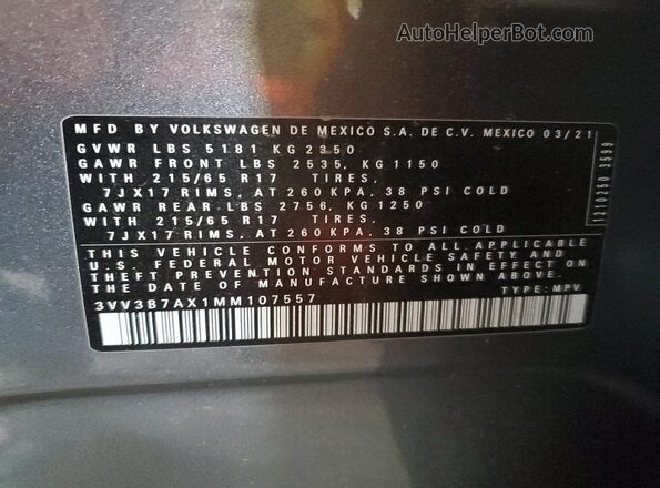 3VV3B7AX1MM107557 2021 VOLKSWAGEN TIGUAN Gray Vista de la etiqueta del VIN