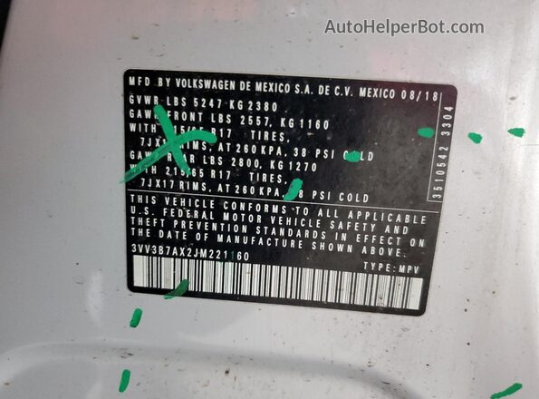 3VV3B7AX2JM221160 2018 VOLKSWAGEN TIGUAN White Սալոնի 360 աստիճան տեսք