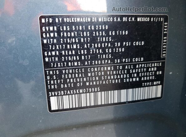 3VV3B7AX5KM079985 2019 VOLKSWAGEN TIGUAN Teal Vista de la etiqueta del VIN
