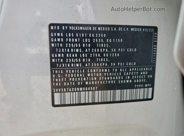 3VV3B7AX6NM084987 2022 VOLKSWAGEN TIGUAN Белый Вид наклейки с VIN-кодом