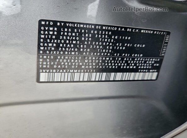 3VV3B7AX7MM091171 2021 VOLKSWAGEN TIGUAN Silver Widok wnętrza 360 stopni