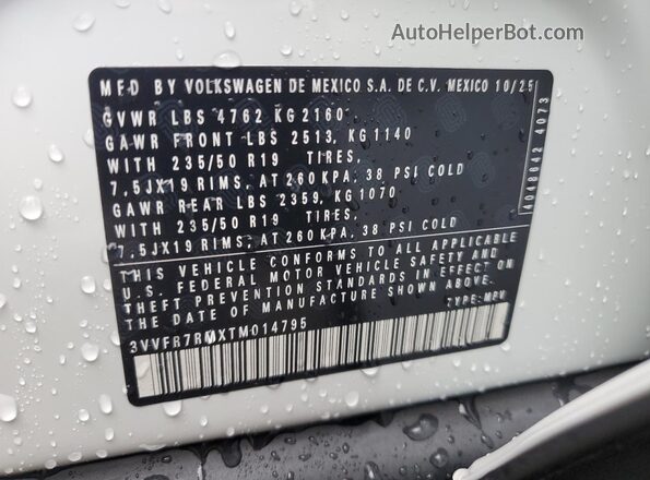 3VVFR7RMXTM014795 2026 VOLKSWAGEN TIGUAN White Вид підкапотного простору
