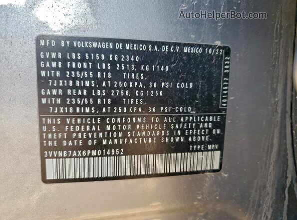 3VVNB7AX6PM014952 2023 VOLKSWAGEN TIGUAN Silver Widok naklejki z numerem VIN