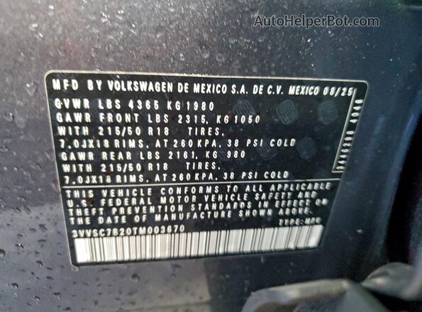 3VVSC7B20TM003670 2026 VOLKSWAGEN TAOS Серый Вид наклейки с VIN-кодом