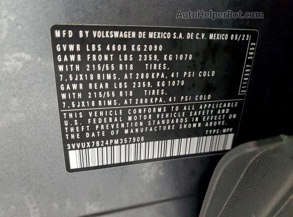 3VVUX7B24PM357906 2023 VOLKSWAGEN TAOS Silver Вид наклейки з VIN-кодом