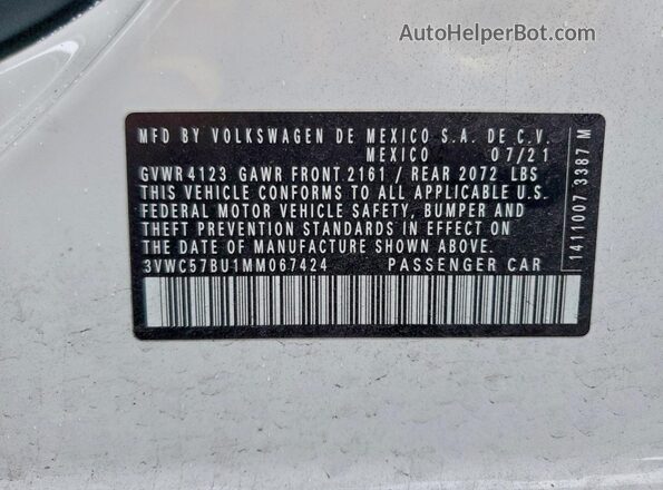 3VWC57BU1MM067424 2021 VOLKSWAGEN JETTA Белый Вид наклейки с VIN-кодом