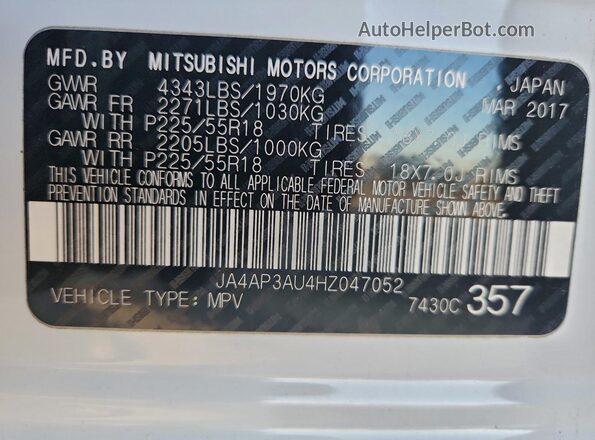 JA4AP3AU4HZ047052 2017 MITSUBISHI OUTLANDER Белый Вид наклейки с VIN-кодом