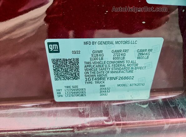 1GT49REY8NF268602 2022 GMC SIERRA Темно-бордовый Вид наклейки с VIN-кодом