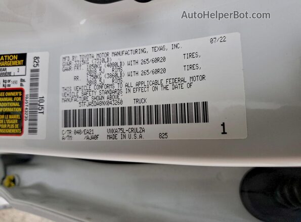 5TFJA5DA8NX043260 2022 TOYOTA LIMITED Белый Вид наклейки с VIN-кодом
