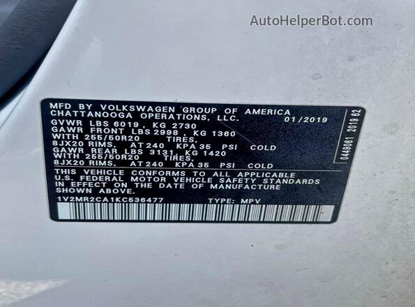 1V2MR2CA1KC536477 2019 VOLKSWAGEN ATLAS Белый Вид задней части салона