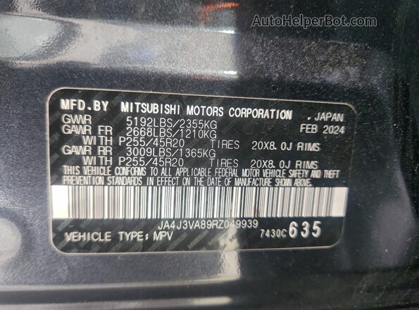 JA4J3VA89RZ049939 2024 MITSUBISHI OUTLANDER Серый Вид наклейки с VIN-кодом