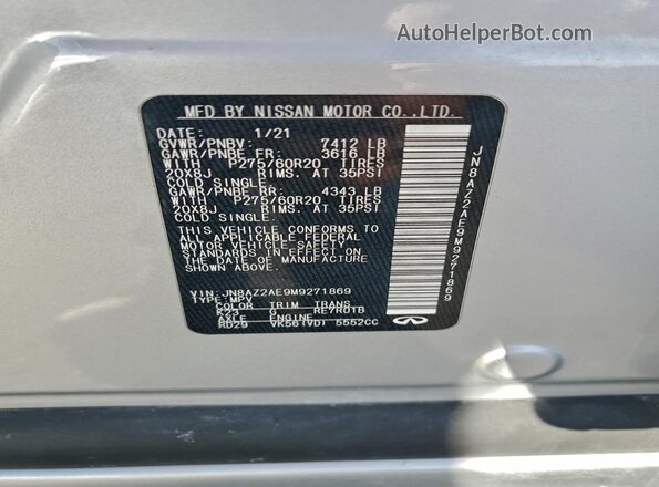JN8AZ2AE9M9271869 2021 INFINITI QX80 Серебряный Панорамный вид салона 360°