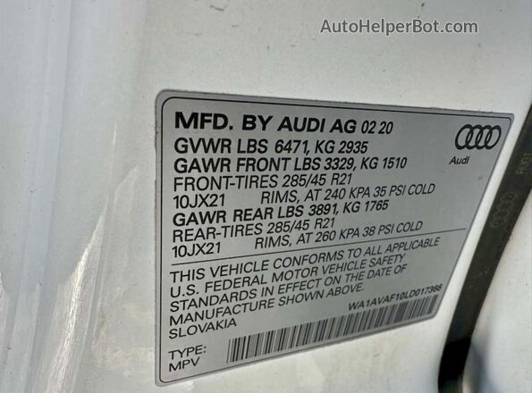 WA1AVAF10LD017366 2020 AUDI Q8 Белый Вид задней части салона