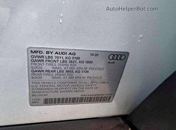WA1AAAGE8MB010286 2021 AUDI E-TRON White უკანა სავარძლების ხედი