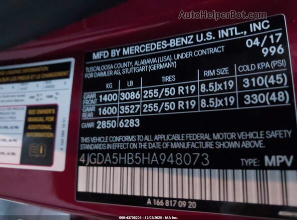 4JGDA5HB5HA948073 2017 MERCEDES-BENZ GLE 350 Красный Вид подкапотного пространства