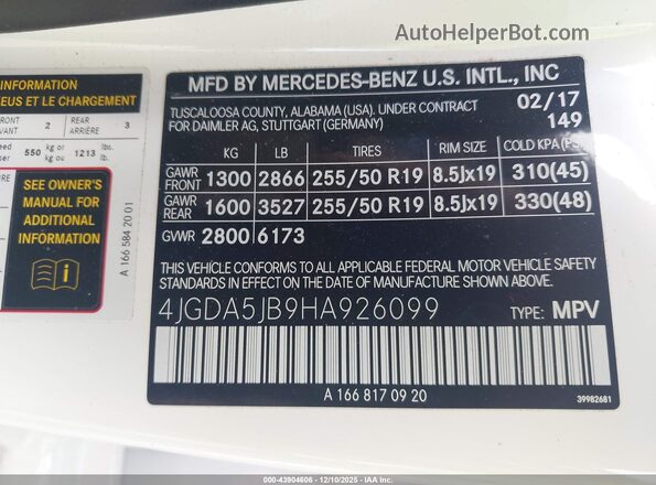 4JGDA5JB9HA926099 2017 MERCEDES-BENZ GLE 350 White Widok komory silnika