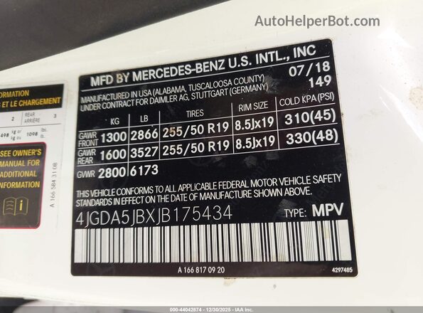 4JGDA5JBXJB175434 2018 MERCEDES-BENZ GLE 350 White ძრავის განყოფილების ხედი