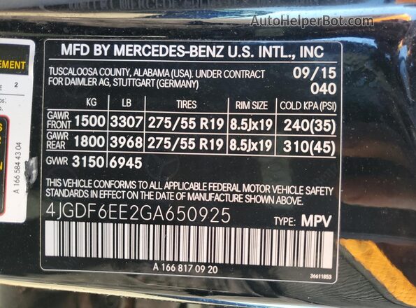4JGDF6EE2GA650925 2016 MERCEDES-BENZ GL-CLASS Black VIN կոդի պիտակի տեսք