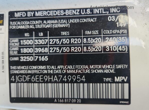 4JGDF6EE9HA749954 2017 MERCEDES-BENZ GLS Белый Вид наклейки с VIN-кодом