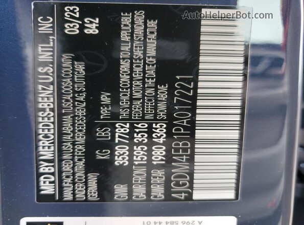 4JGDM4EB1PA017221 2023 MERCEDES-BENZ EQS Blue Widok naklejki z numerem VIN