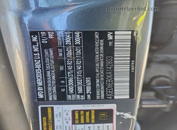 4JGED6EB0KA142803 2019 MERCEDES-BENZ GLE Gray VIN კოდის სტიკერის ხედი