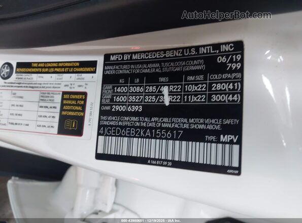 4JGED6EB2KA155617 2019 MERCEDES-BENZ AMG GLE 43 COUPE Белый Вид подкапотного пространства