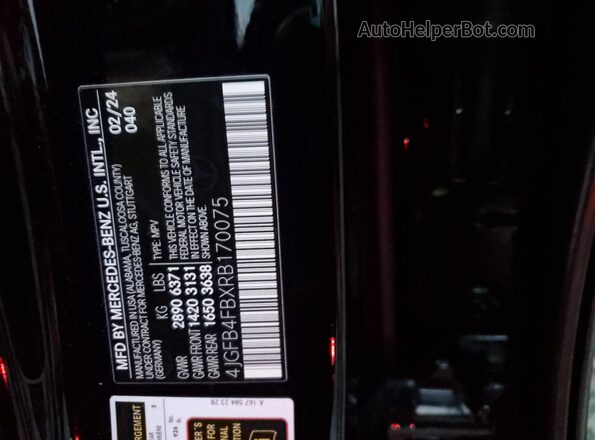 4JGFB4FBXRB170075 2024 MERCEDES-BENZ GLE Черный Вид наклейки с VIN-кодом