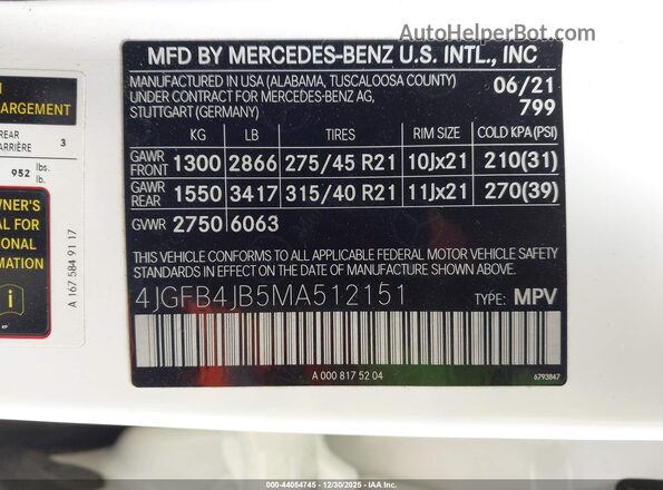 4JGFB4JB5MA512151 2021 MERCEDES-BENZ GLE 350 White Widok komory silnika