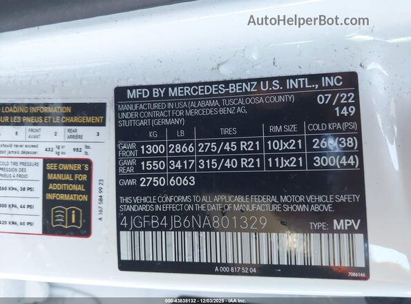4JGFB4JB6NA801329 2022 MERCEDES-BENZ GLE 350 White Vista del compartimento del motor