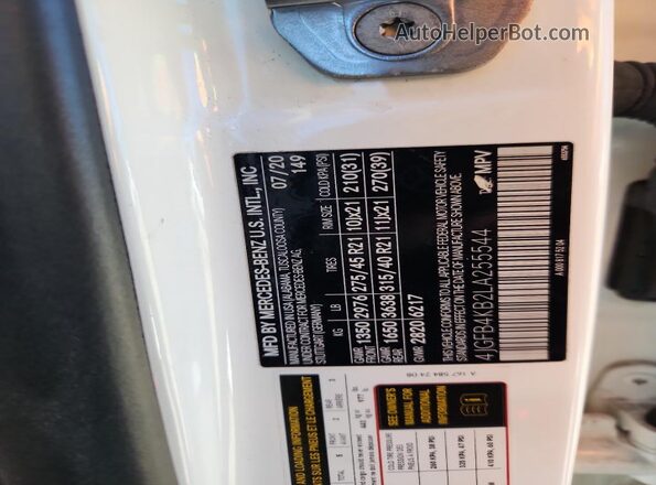 4JGFB4KB2LA255544 2020 MERCEDES-BENZ GLE White Widok naklejki z numerem VIN