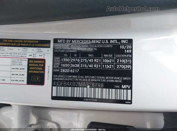 4JGFB4KB2MA328798 2021 MERCEDES-BENZ GLE 350 White Vista del compartimento del motor
