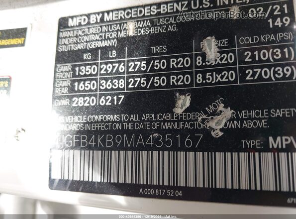 4JGFB4KB9MA435167 2021 MERCEDES-BENZ GLE 350 White Vista del compartimento del motor