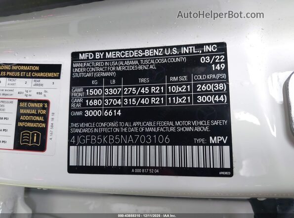 4JGFB5KB5NA703106 2022 MERCEDES-BENZ GLE 450 White Vista del compartimento del motor
