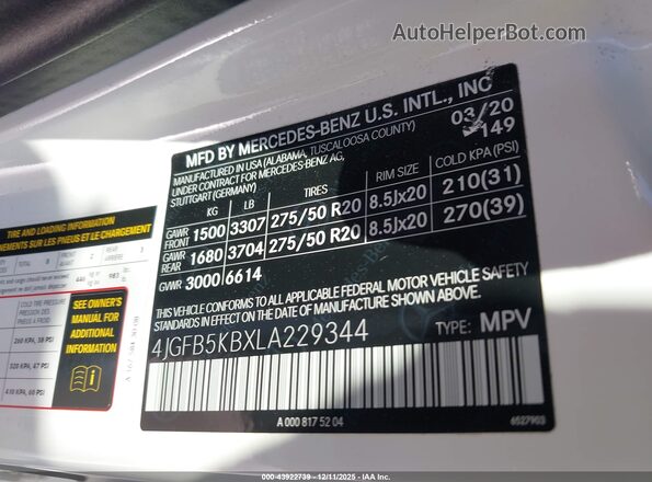 4JGFB5KBXLA229344 2020 MERCEDES-BENZ GLE 450 White Widok komory silnika