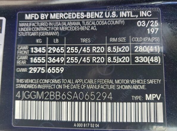 4JGGM2BB6SA065294 2025 MERCEDES-BENZ EQE Черный Вид наклейки с VIN-кодом