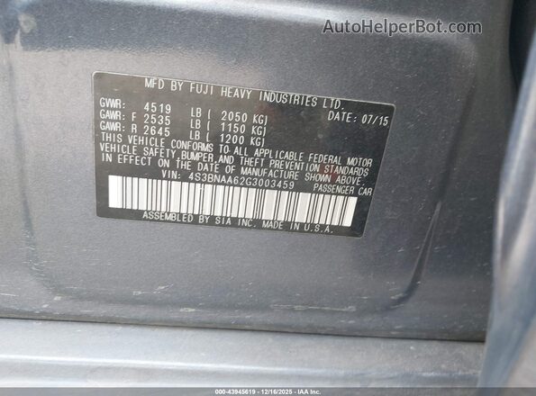 4S3BNAA62G3003459 2016 SUBARU LEGACY Blue Widok tylnych siedzeń